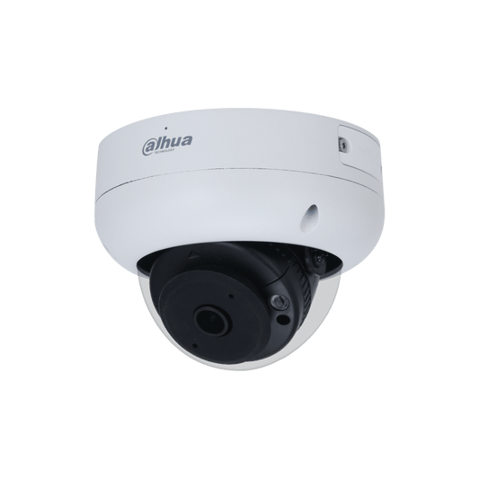 Witte Dahua WizSense mini dome camera met zwarte 2.1mm fisheye lens voor 180 graden panoramisch overzicht.