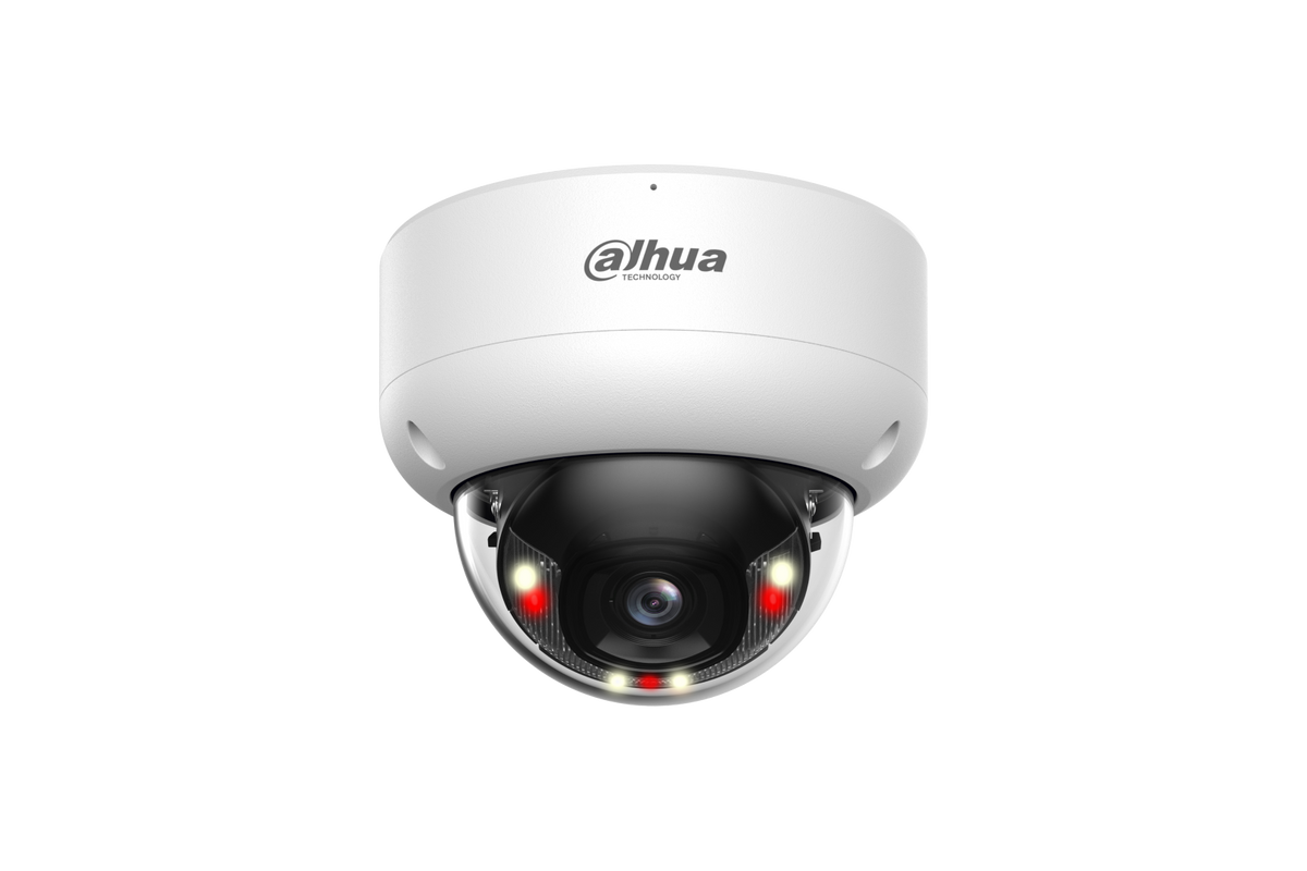 Witte Dahua 6MP WizSense mini dome camera met zwarte lens en Smart Dual Light technologie.