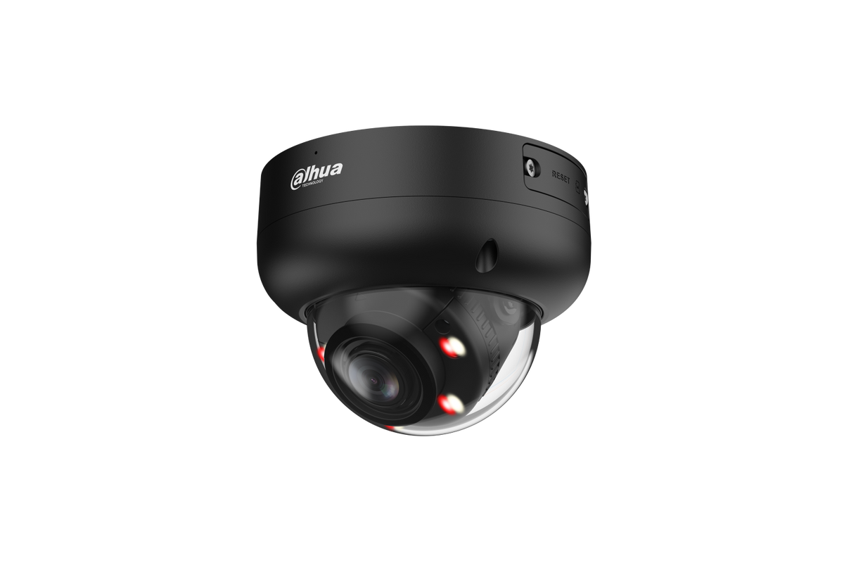 Zwarte Dahua 6MP WizSense dome camera met Smart Dual Light en motorized vari-focal lens.