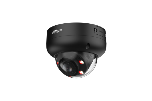 Zwarte Dahua 6MP WizSense dome camera met Smart Dual Light en motorized vari-focal lens.