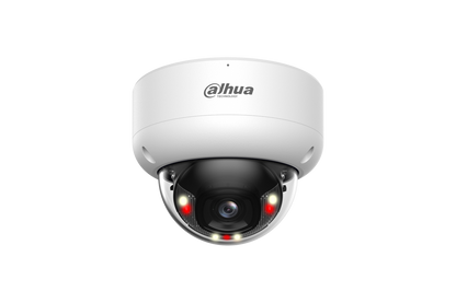 Witte Dahua 8MP 4K mini dome camera met zwarte lensbehuizing, dual-light verlichting en strak design voor beveiliging.