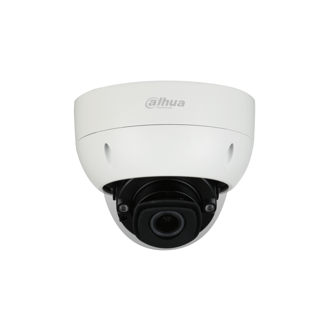Witte Dahua 8MP 4K Pro AI dome camera met vandalismebestendige behuizing en varifocale lens.
