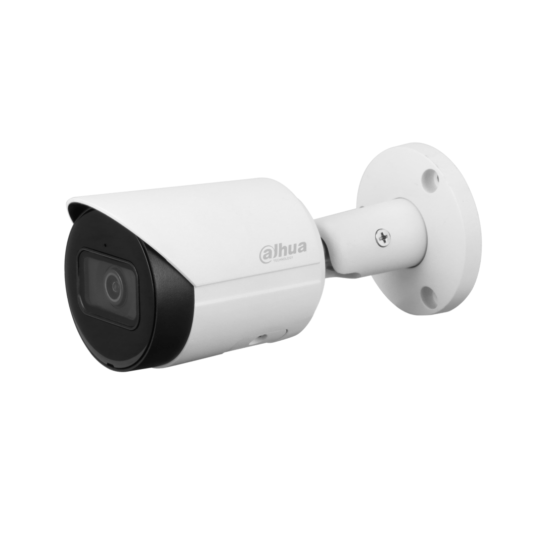 Witte Dahua WizSense 5MP bullet camera met vaste lens en verstelbare montagebeugel voor buitenbeveiliging.