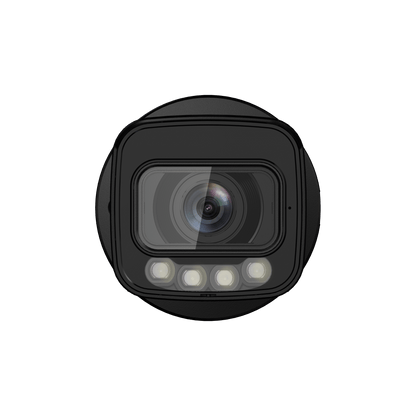 Zwarte Dahua WizSense bullet camera met 4MP lens en Smart Dual Light verlichting voor buitenbeveiliging.