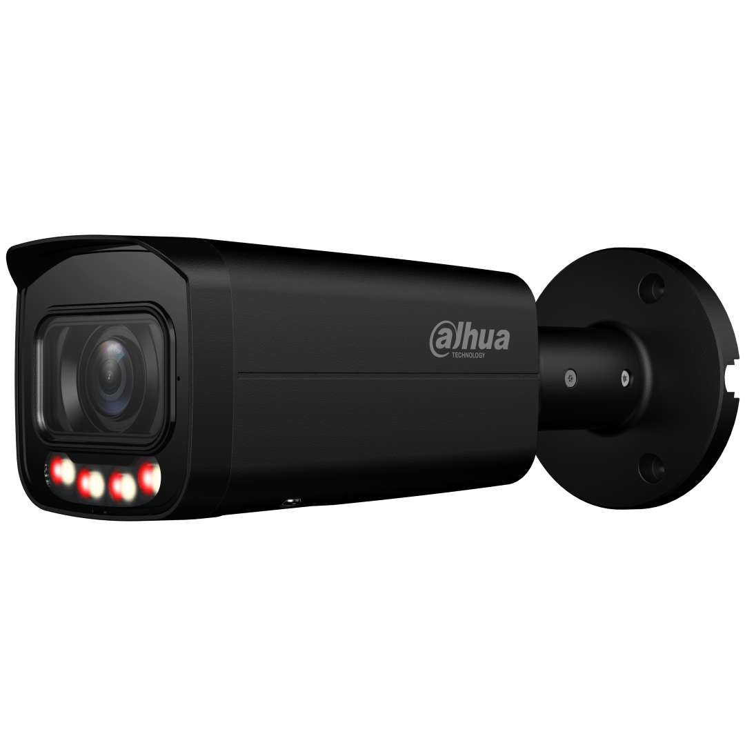 Zwarte Dahua WizSense 4MP bullet camera met motorized lens en Smart Dual Light voor buitenbeveiliging.