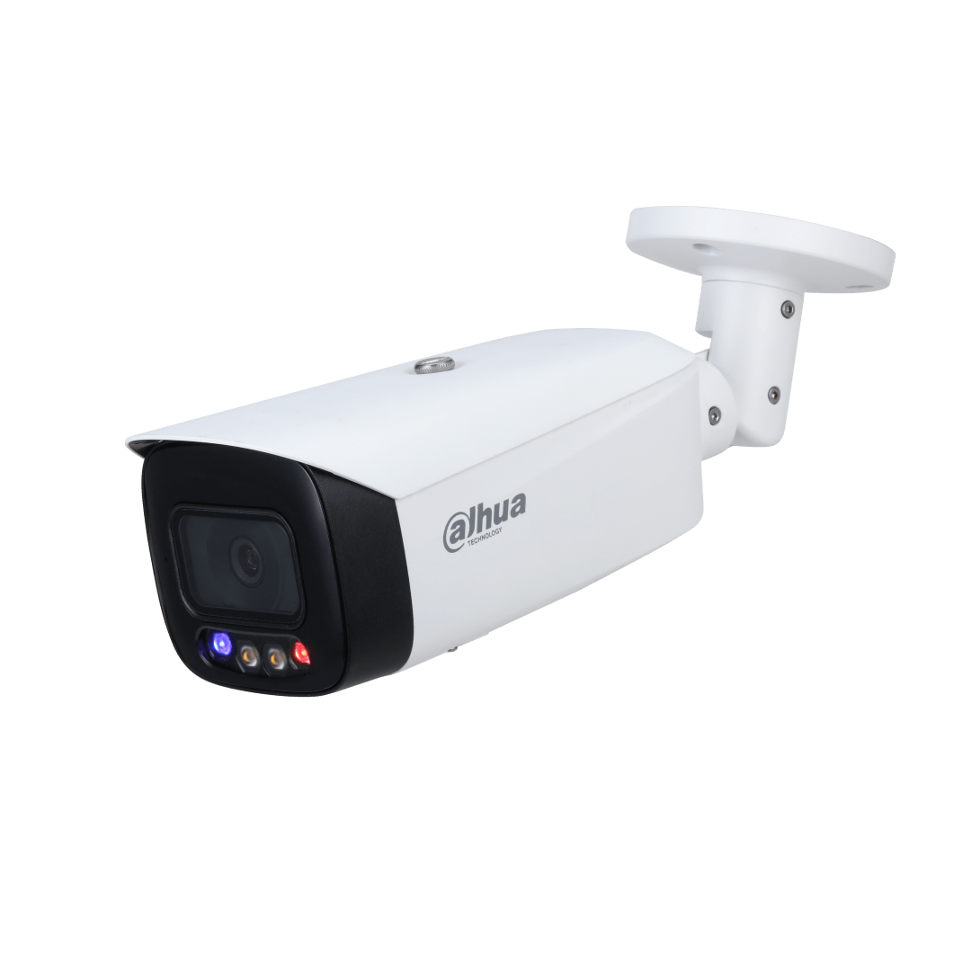 Witte Dahua TiOC bullet camera met 2.8mm lens, actieve afschrikking en Smart Dual Light voor professionele beveiliging.