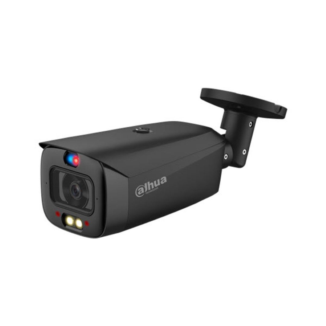Zwarte Dahua TiOC bullet camera met 5MP lens, rood-blauw waarschuwingslicht en ingebouwde LED-verlichting voor buiten.