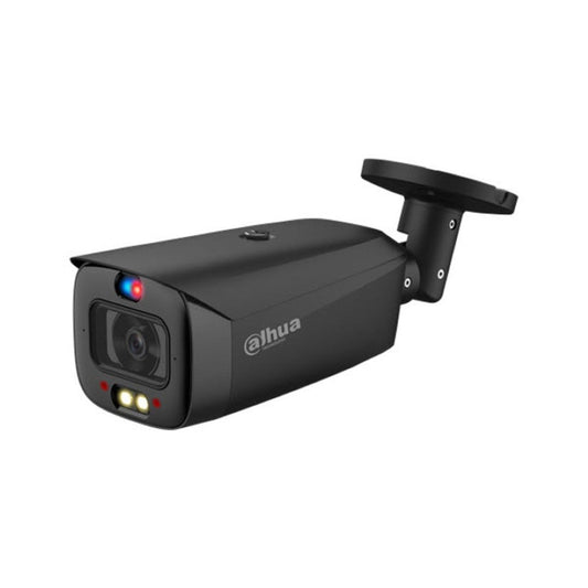 Zwarte Dahua TiOC bullet camera met 5MP lens, rood-blauw waarschuwingslicht en ingebouwde LED-verlichting voor buiten.