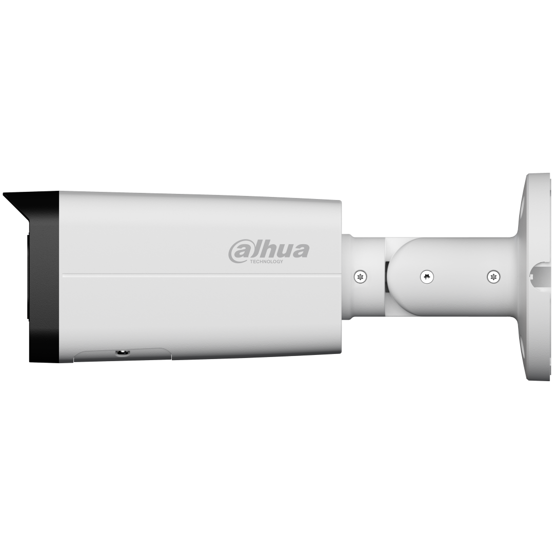Witte Dahua 8MP WizSense bullet camera met varifocale lens en verstelbare muurbeugel voor buitenbeveiliging.