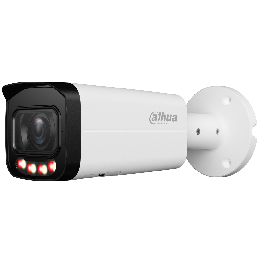 Witte Dahua 8MP WizSense bullet camera met varifocale lens en dual light technologie voor buiten.