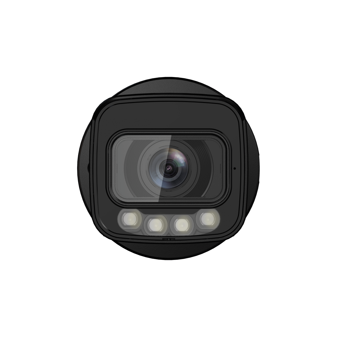 Zwarte Dahua 8MP WizSense bullet camera met motorized lens en Smart Dual Light voor buitenbeveiliging.