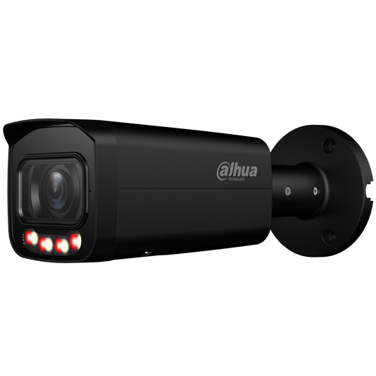 Zwarte Dahua 8MP WizSense bullet camera met motorized lens en Smart Dual Light voor buitenbeveiliging.