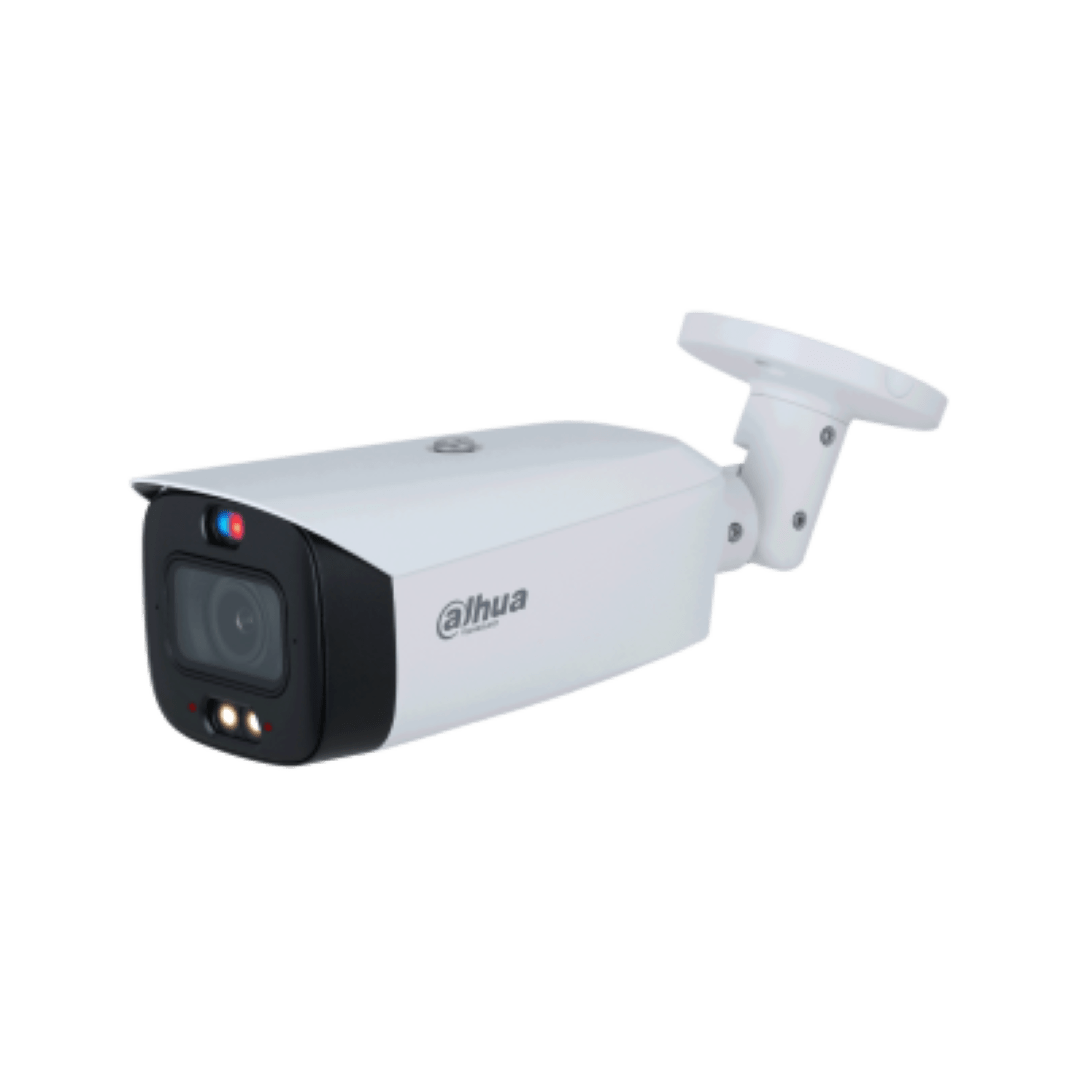 Witte Dahua 8MP TiOC PRO bullet camera met motorized lens, actieve rood-blauwe afschrikking en Smart Dual Light.