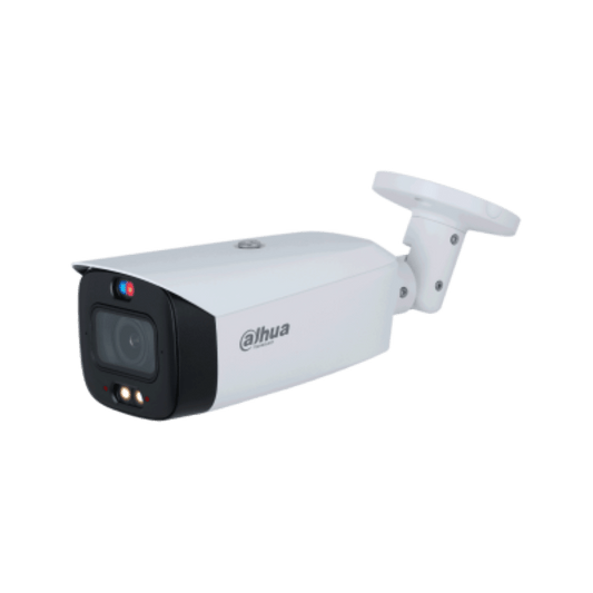 Witte Dahua 8MP TiOC PRO bullet camera met motorized lens, actieve rood-blauwe afschrikking en Smart Dual Light.