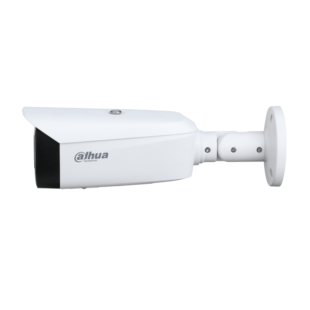 Witte Dahua 8MP TiOC bullet camera met 2.8mm lens, actieve afschrikking en muurbevestiging op een witte achtergrond.