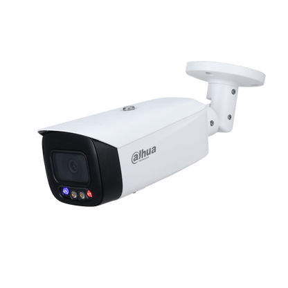 Witte Dahua 8MP bullet camera met zwarte lens, actieve afschrikking en Smart Dual Light voor professionele beveiliging.
