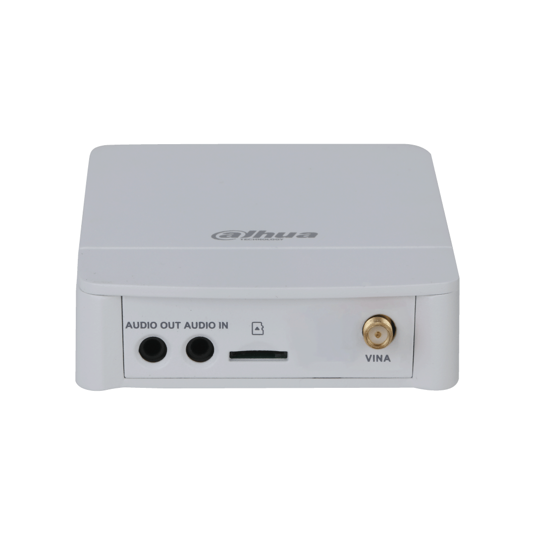 Witte Dahua IPC-HUM8241P-E1 WizMind pinhole camera main unit met audio- en VINA-aansluitingen.