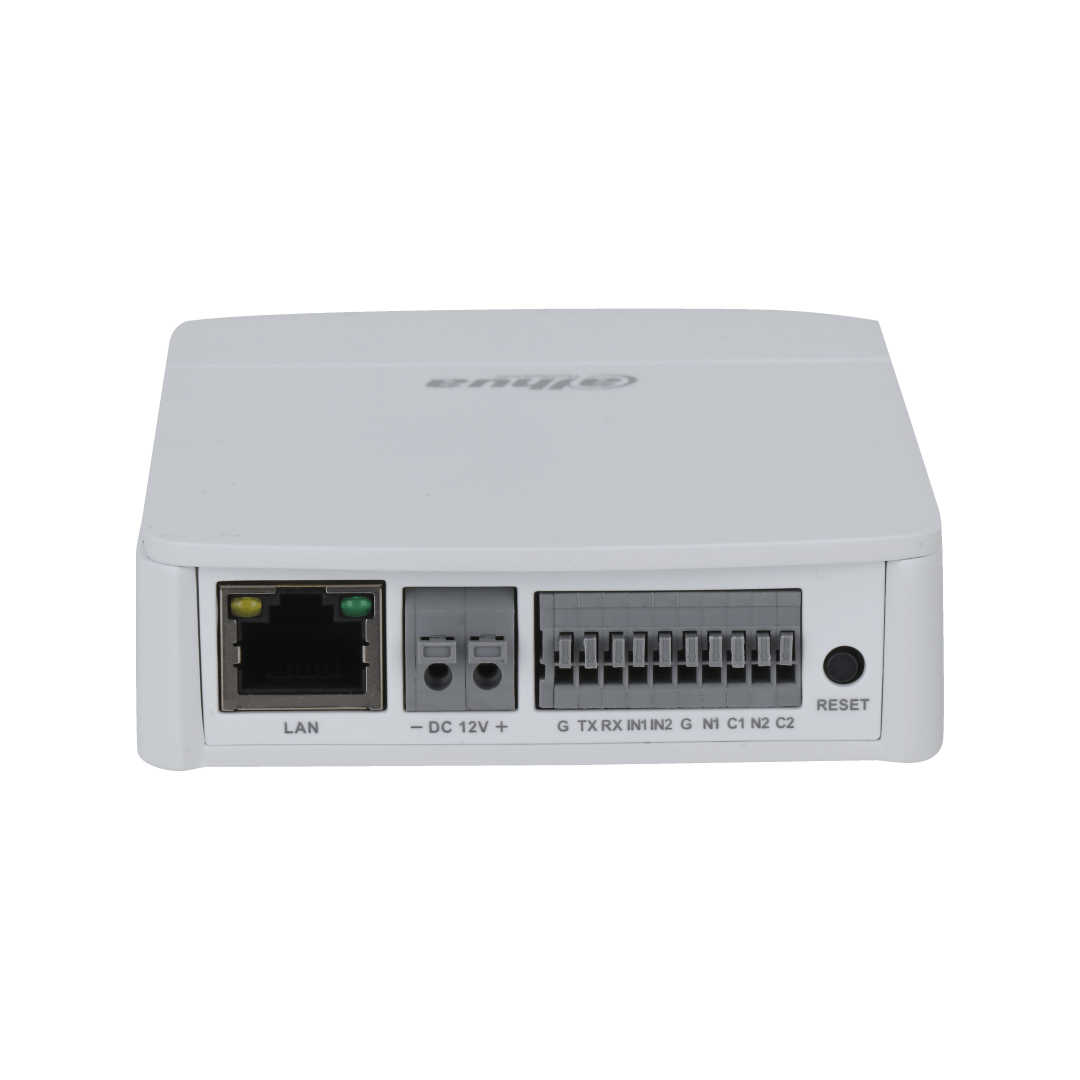 Witte Dahua IPC-HUM8241P-E1 main unit met LAN-poort, stroomaansluiting en diverse I/O-terminals voor pinhole camera's.