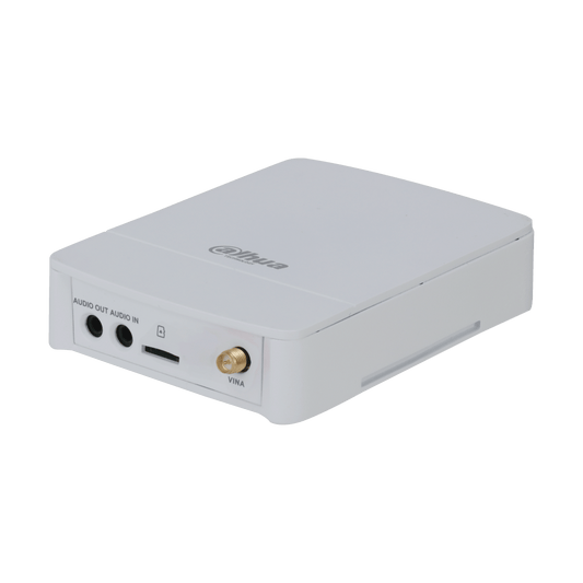 Witte Dahua IPC-HUM8241P-E1 pinhole camera main unit met audio- en lenspoorten in een compacte behuizing.