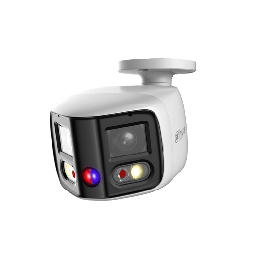 Witte Dahua 8MP panorama bullet camera met 180° lens, Smart Dual Light en rood-blauw alarmlicht voor buiten.