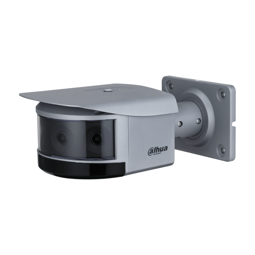 Dahua 16MP quad-lens panorama bullet camera met grijze metalen behuizing en 180 graden gezichtsveld.