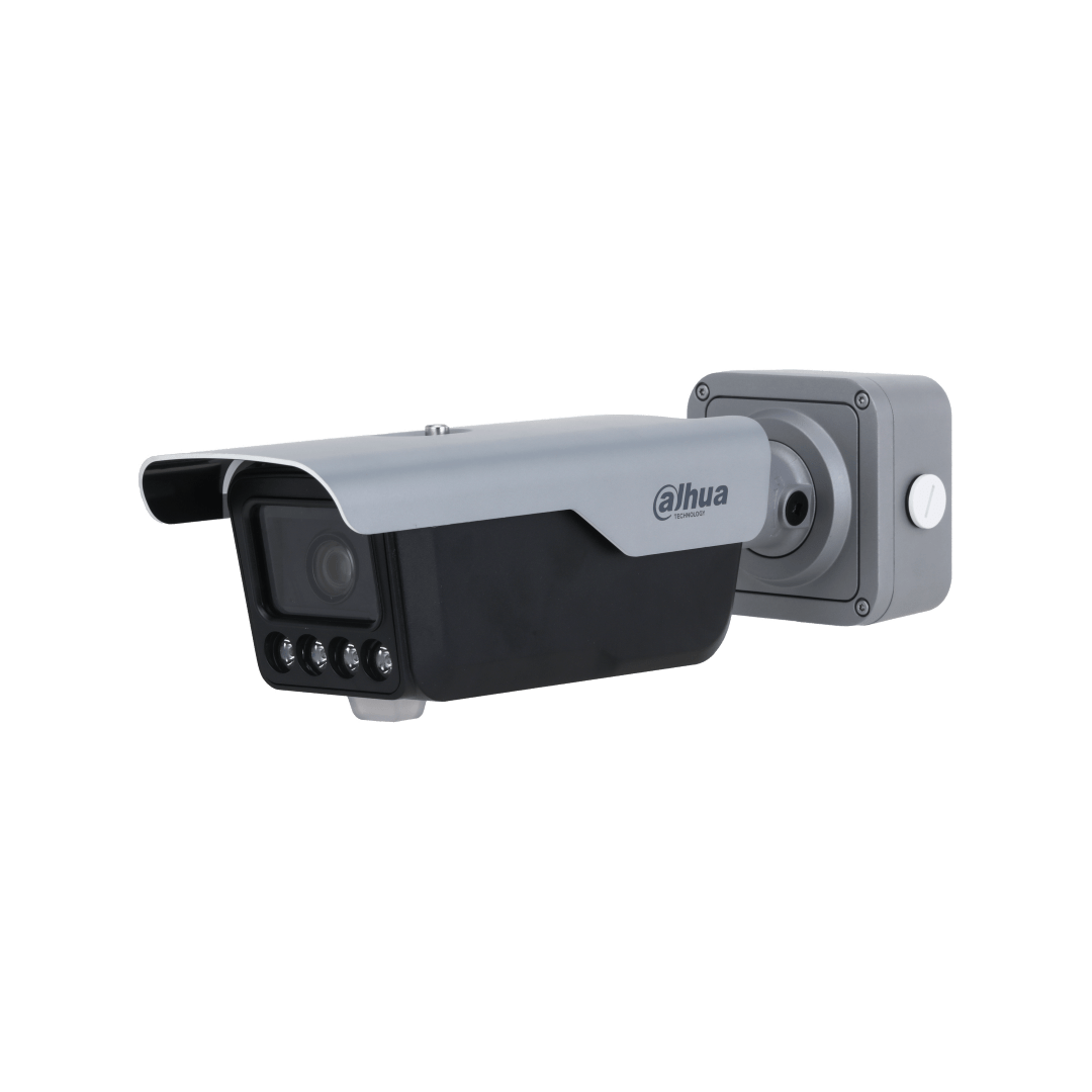 Dahua ITC413-PW4D-IZ3 4MP ANPR camera met grijze behuizing, telelens en ingebouwde IR-verlichting voor kentekenherkenning.