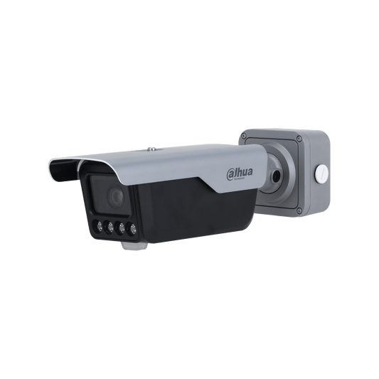 Dahua ITC413-PW4D-IZ3 4MP ANPR camera met grijze behuizing, telelens en ingebouwde IR-verlichting voor kentekenherkenning.