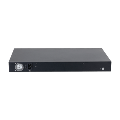 Zwarte Dahua 24-poorts ePoE switch achterkant met stroomaansluiting, aan-uit schakelaar en ventilator.
