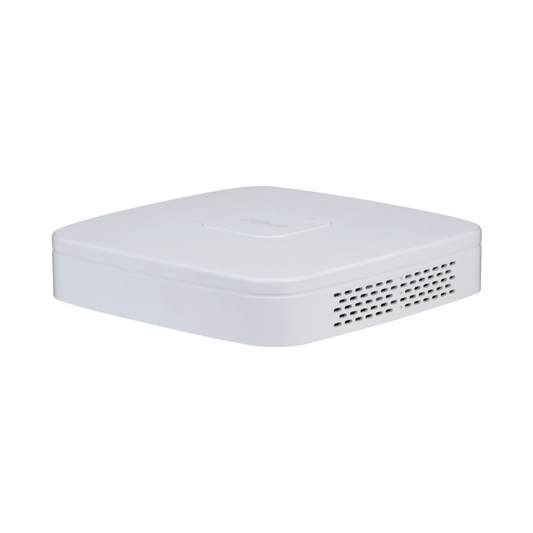 Compacte witte Dahua NVR4104-P-EI netwerk videorecorder met ventilatieroosters en strak, vierkant design.