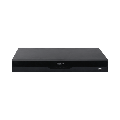 Zwarte Dahua NVR4216-16P-4KS3 16-kanaals netwerk videorecorder met USB-poort en statuslampjes aan de voorzijde.