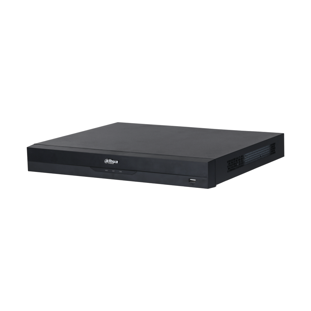 Zwarte Dahua NVR4216-16P-EI netwerk videorecorder met strak design, statuslampjes en USB-poort aan de voorzijde.