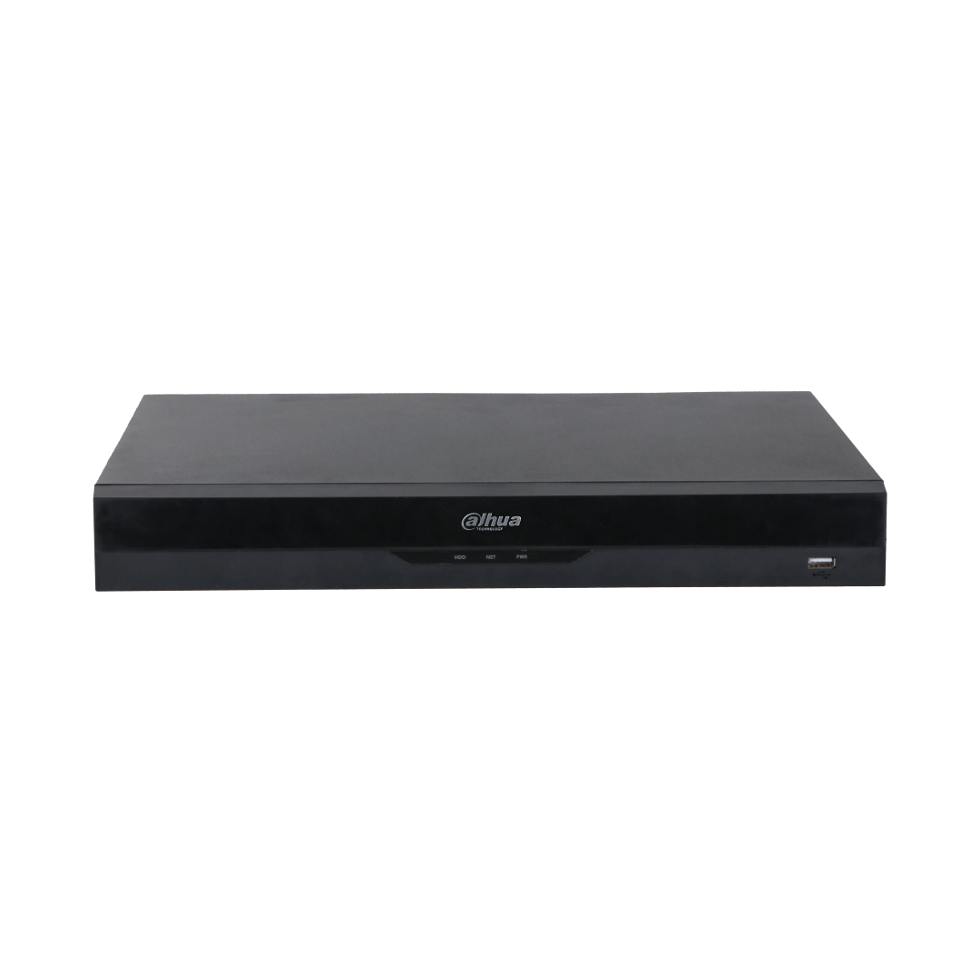 Zwarte Dahua NVR5208-EI2 netwerk videorecorder met strak metalen design, statuslampjes en USB-poort aan de voorzijde.