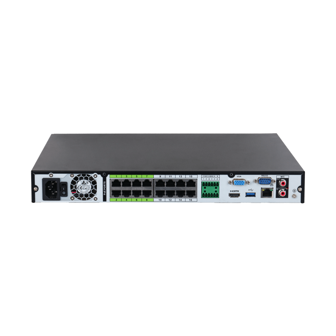 Zwarte Dahua NVR5216-16P-EI2 achterkant met 16 PoE-poorten, HDMI, VGA en diverse aansluitingen voor professionele beveiliging.
