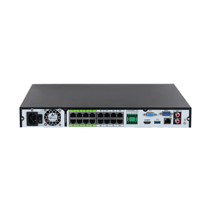 Zwarte Dahua NVR5216-16P-EI2 achterkant met 16 PoE-poorten, HDMI, VGA en diverse aansluitingen voor professionele beveiliging.
