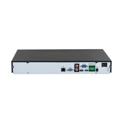 Achterzijde van de zwarte Dahua NVR5232-EI2 netwerk videorecorder met diverse poorten zoals HDMI, VGA en audio-aansluitingen.