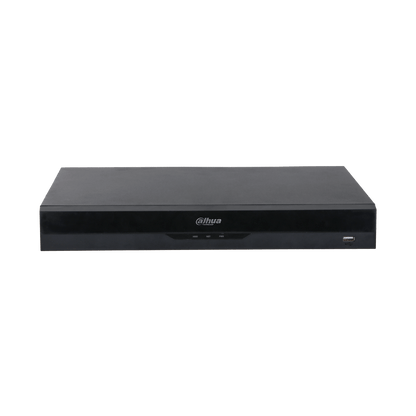 Zwarte Dahua NVR5232-EI2 32-kanaals netwerk videorecorder met strak design, statuslampjes en USB-poort aan de voorzijde.