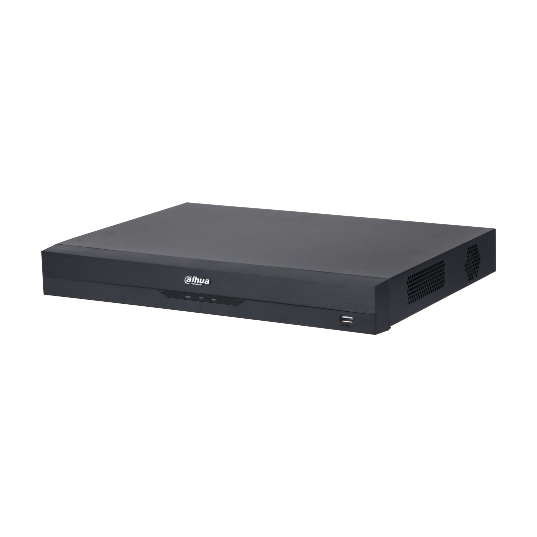 Zwarte Dahua NVR5232-EI2 32-kanaals netwerk videorecorder met strak metalen design en USB-poort aan de voorzijde.