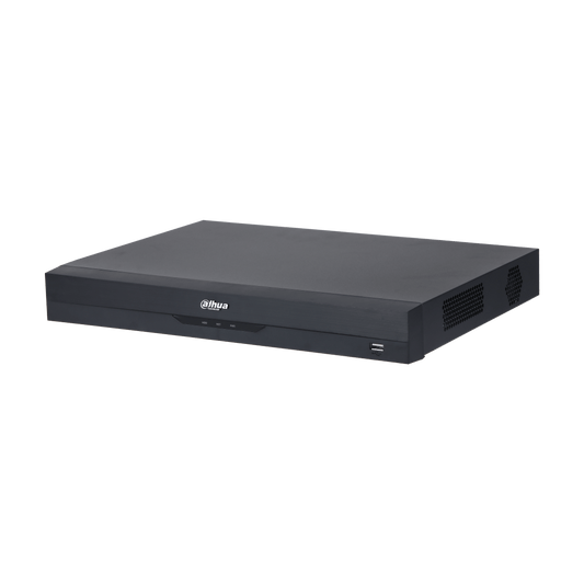Zwarte Dahua NVR5232-EI2 32-kanaals netwerk videorecorder met strak metalen design en USB-poort aan de voorzijde.
