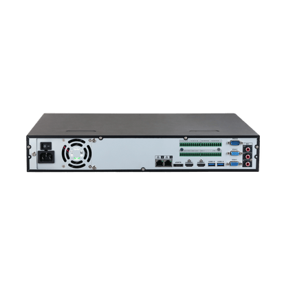 Achterzijde van de zwarte Dahua NVR5416-EI2 recorder met diverse poorten, ventilatie en aansluitingen.