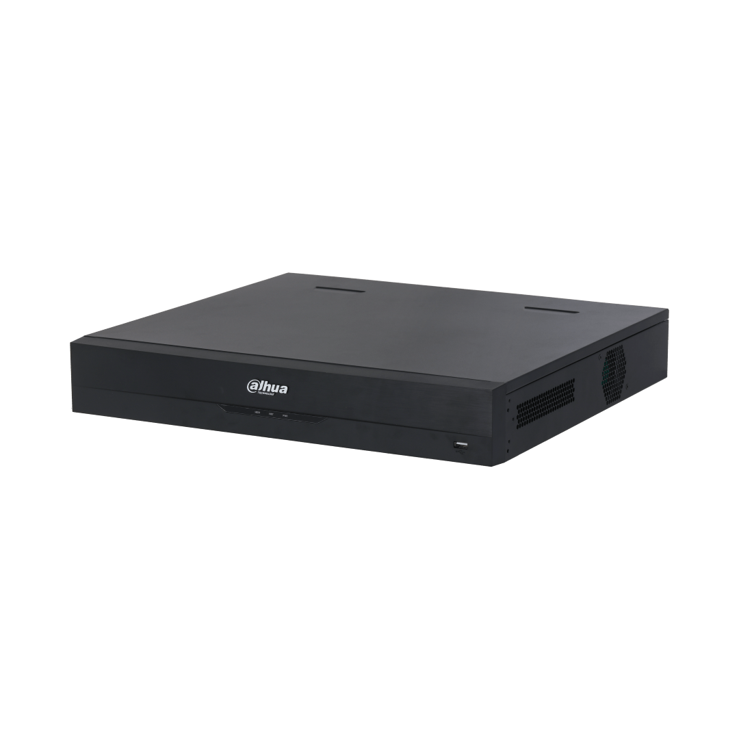 Zwarte Dahua NVR5432-16HP-EI2 32-kanaals netwerk videorecorder met strak metalen design en statusindicatie op het voorpaneel.