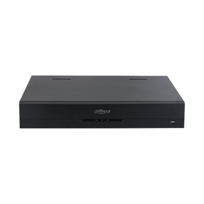 Zwarte Dahua NVR5464-EI2 64-kanaals netwerk videorecorder met strak metalen design en USB-poort aan de voorzijde.
