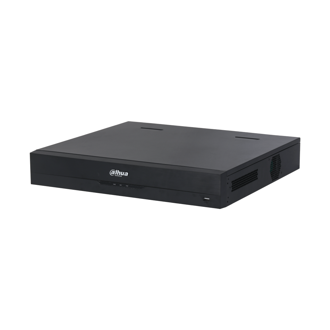 Zwarte Dahua NVR5464-EI2 64-kanaals netwerk videorecorder met strak metalen design en ventilatieopeningen aan de zijkant.