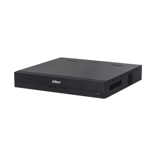 Zwarte Dahua NVR5464-EI2 64-kanaals netwerk videorecorder met strak metalen design en ventilatieopeningen aan de zijkant.