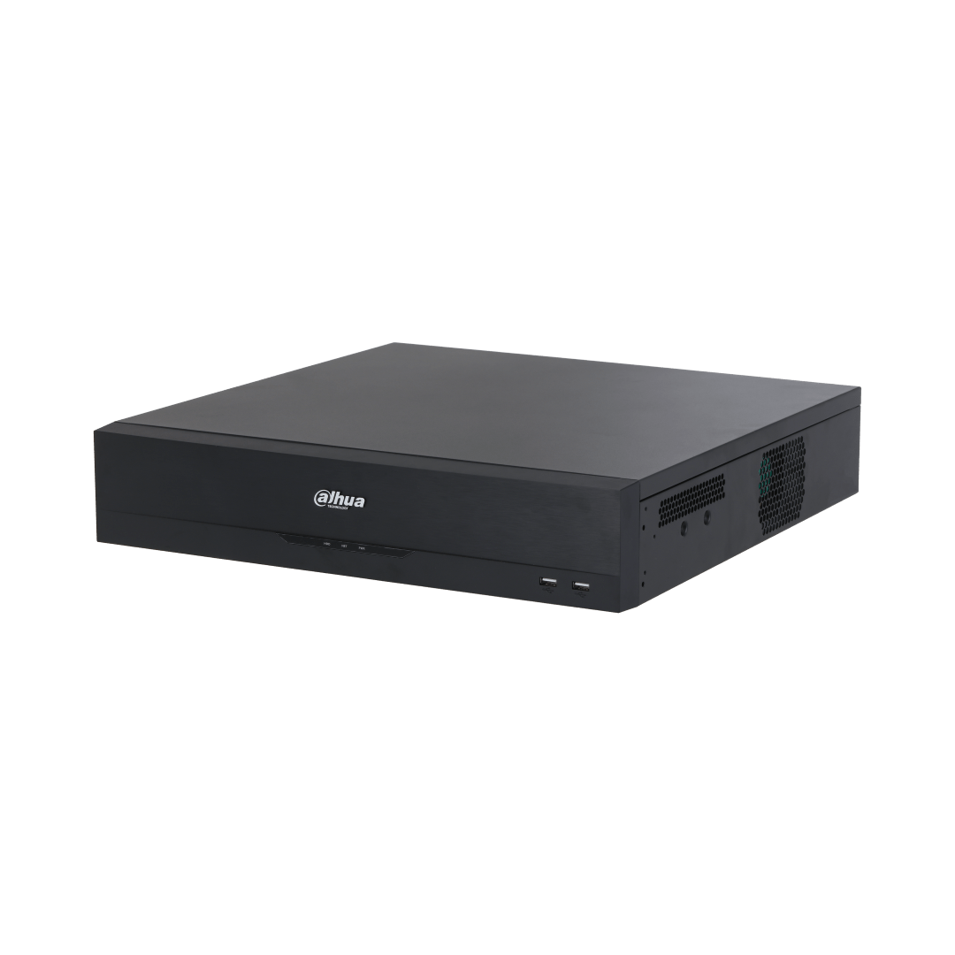 Zwarte Dahua NVR5832-EI2 32-kanaals netwerk videorecorder met strak metalen design en USB-poorten aan de voorzijde.