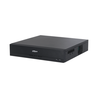 Zwarte Dahua NVR5832-EI2 32-kanaals netwerk videorecorder met strak metalen design en USB-poorten aan de voorzijde.