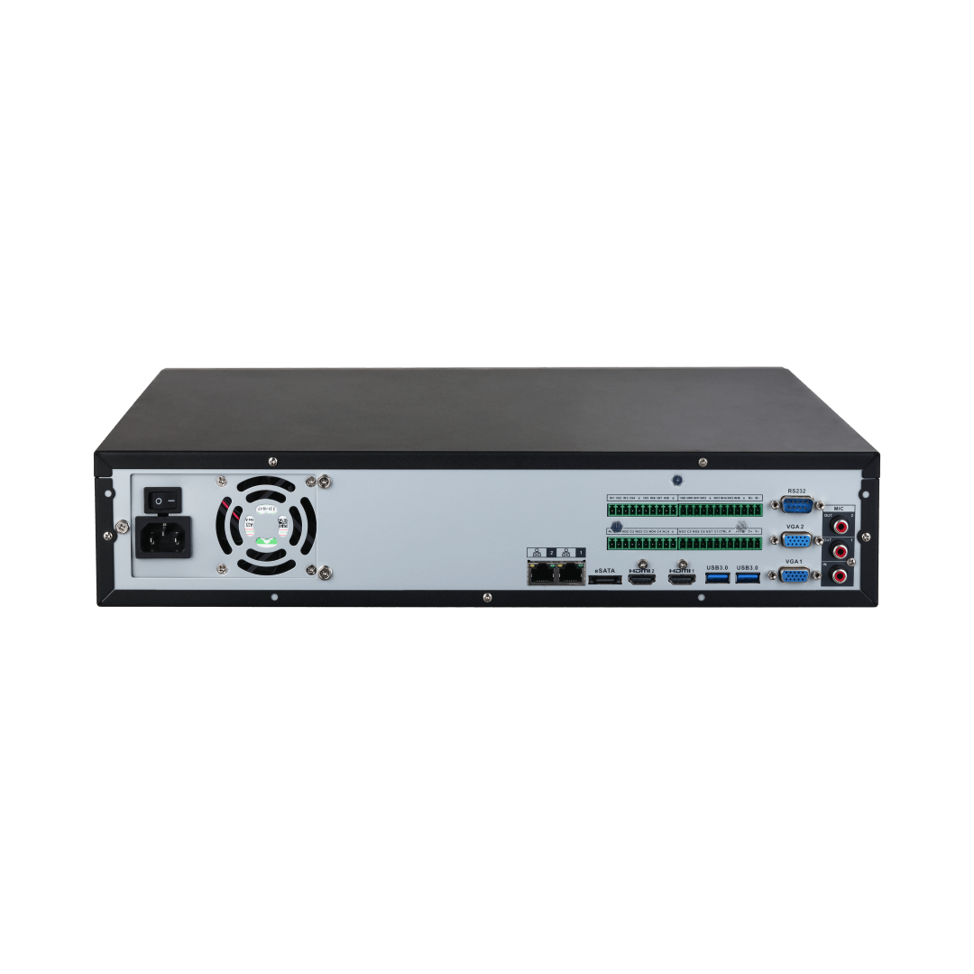 Achterkant van zwarte Dahua NVR5864-EI2 netwerkrecorder met diverse poorten, koelventilator en aansluitingen.