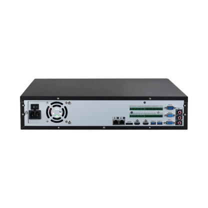 Achterkant van zwarte Dahua NVR5864-EI2 netwerkrecorder met diverse poorten, koelventilator en aansluitingen.