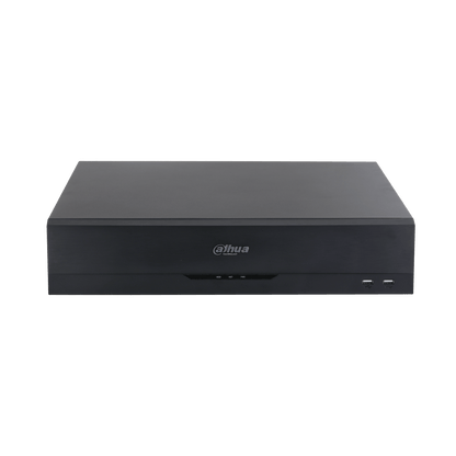 Zwarte Dahua NVR5864-EI2 64-kanaals netwerk videorecorder met strak metalen design en twee USB-poorten aan de voorzijde.