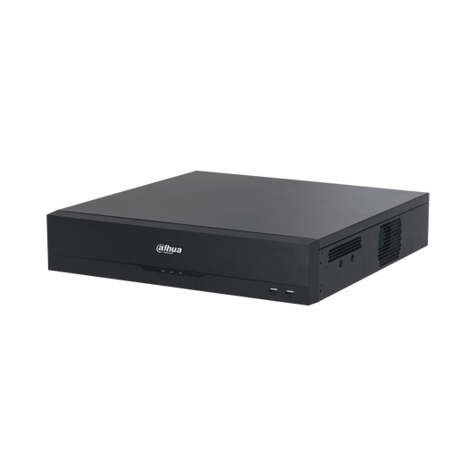 Zwarte Dahua NVR5864-EI2 64-kanaals netwerk videorecorder met strak metalen design en USB-poorten aan de voorzijde.