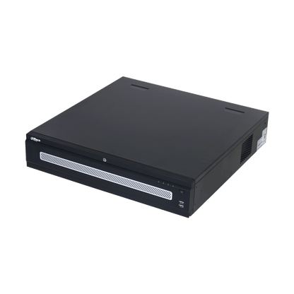 Zwarte Dahua NVR608H-128-XI enterprise netwerk videorecorder met geventileerd frontpaneel en USB-poorten.